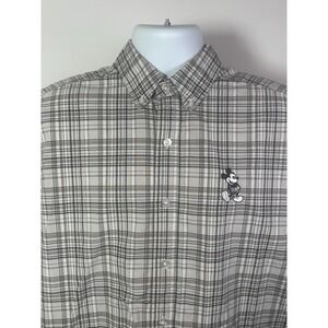 Walt Disney World Mens Mickey Mouse Plaid‎ Button Down Shirt Brown Tan Medium